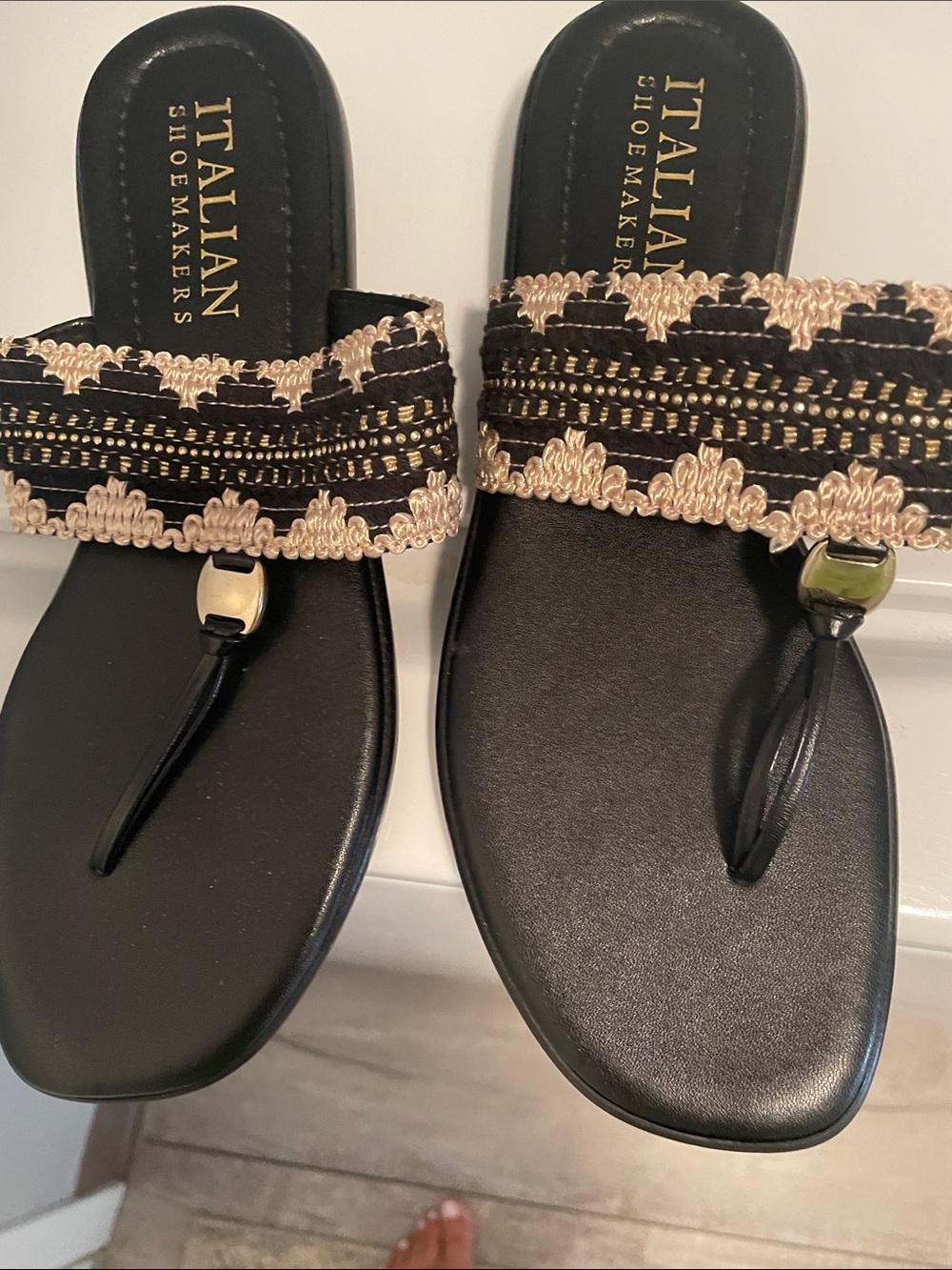 Italian Shoemakers Black and Gold Decorative Thong Sandals